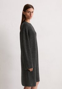 Robe grise à manches longues en tissu doux. Elle a une coupe décontractée et tombe à mi-thigh, avec un décolleté arrondi et des détails minimes.