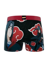 Boxers noirs ornés de motifs de nuages rouges et d'imprimés de personnages de Naruto ; ceinture élastique avec une étiquette logo rouge et noire.