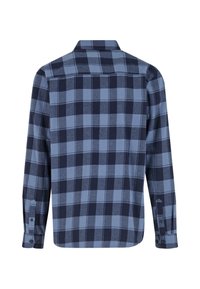 Cămașă din material în carouri albastre și bleumarin, cu mâneci lungi, guler ascuțit, și mansete cu nasturi, având o croială standard. Material moale cu o textură fină.