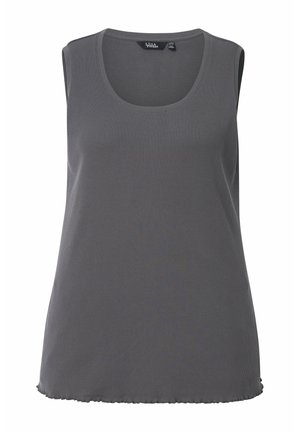 Top sin mangas gris hecho de tejido acanalado con un escote redondo y un bajo sutilmente volado, adecuado para el uso casual.