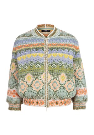 Multifarbene Bomberjacke mit aufwendigen Mustern in Grün, Orange, Gelb und Lila. Mit Reißverschluss vorne und gerippten Bündchen.