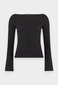 Μαύρο εφαρμοστό τοπ με μακριά μανίκια και λαιμό κοψη σε σχήμα πλώρης, ελαφρώς φαρδιά μανίκια και μικρή ετικέτα μάρκας στο εσωτερικό του πίσω γιακά.