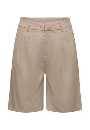 Pantaloncini beige sartoriali al ginocchio con passanti per cintura, pieghe anteriori, tasche laterali e chiusura anteriore nascosta.