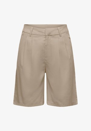 Pantaloncini beige sartoriali al ginocchio con passanti per cintura, pieghe anteriori, tasche laterali e chiusura anteriore nascosta.