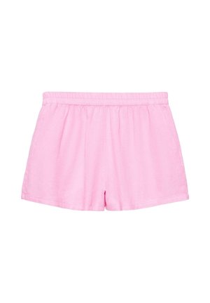 Zachte roze terry shorts met elastische tailleband, losse pasvorm en korte lengte, geschikt voor casual dragen of loungen.