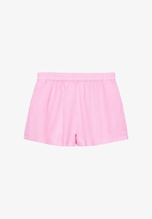 Zachte roze terry shorts met elastische tailleband, losse pasvorm en korte lengte, geschikt voor casual dragen of loungen.