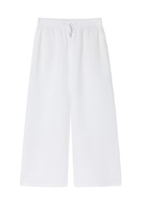 Pantalons larges blancs en tissu doux, dotés d'une taille élastique avec cordon de serrage et de poches latérales pour plus de commodité.