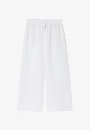 Weiße weite Hosen aus weichem Stoff, mit einem elastischen Bund und einem Kordelzug sowie seitlichen Taschen für zusätzlichen Komfort.