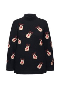 Czarny sweter w dzianinę z wzorem z głowami reniferów z czerwonymi nosami i porożem, design z wysokim kołnierzem oraz luźny krój.