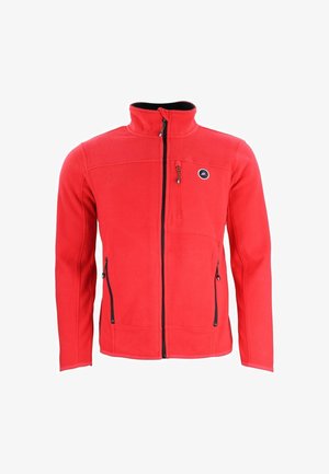 Chaqueta de forro polar roja con cuello alto, cremallera frontal y dos bolsillos laterales con cremallera. Presenta un pequeño logo en el área del pecho izquierdo y detalles negros.
