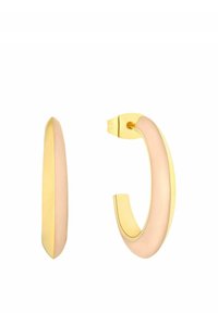 Orecchini a cerchio in tono oro con un design liscio e arrotondato e una finitura lucida. Presentano un accento beige discreto e una chiusura a cerniera sicura.