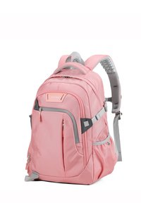 Zaino rosa con un tessuto texture, numerose tasche, accenti grigi, spallacci imbottiti regolabili e una maniglia superiore per il trasporto.