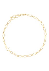 Goldene Metallkette mit verbundenen ovalen Gliedern und glänzender Oberfläche. Enthält einen verstellbaren Kettenverschluss mit einem kleinen runden Akzent.