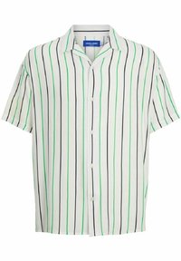 Biała koszula z krótkim rękawem, zapinana na guziki, w zielono-czarne pionowe paski oraz z małym kołnierzykiem.