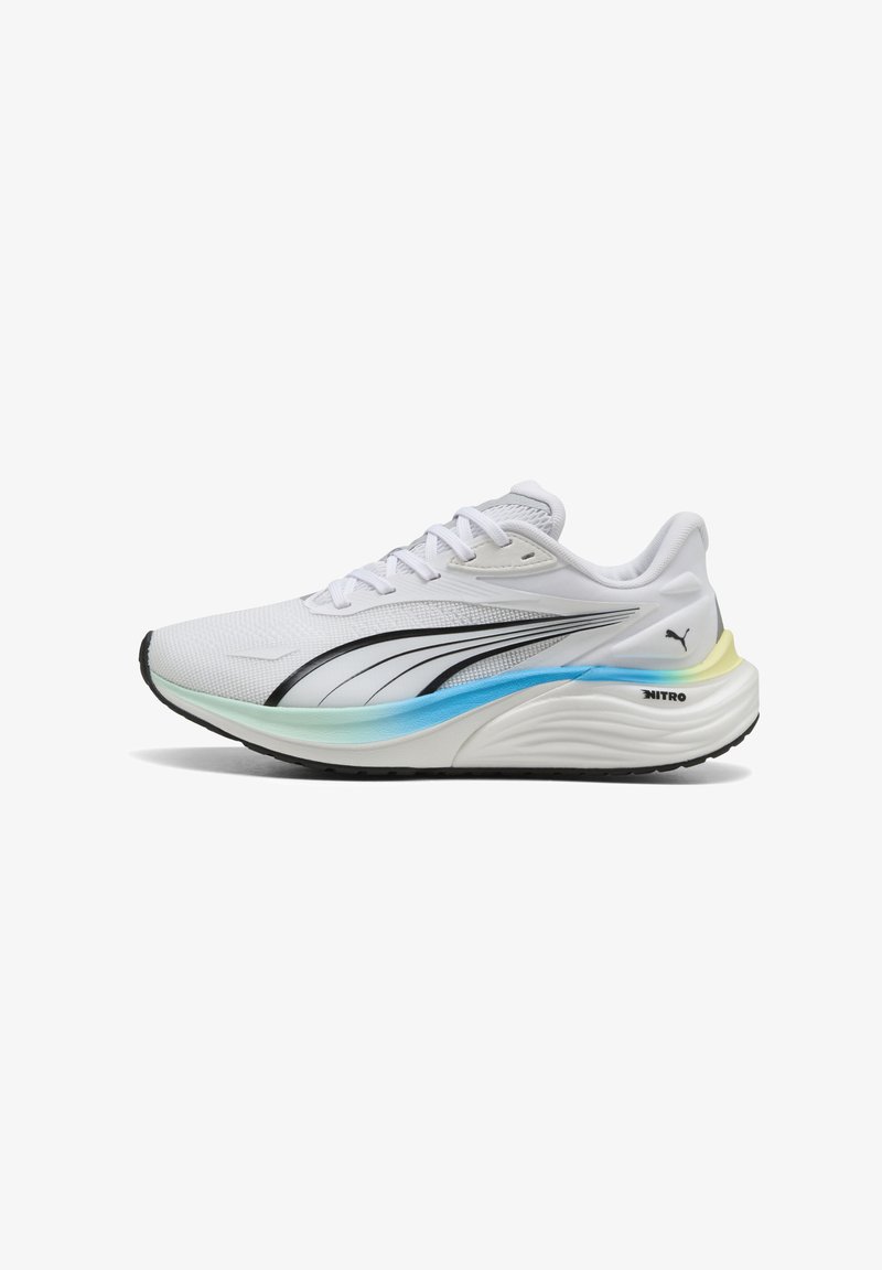 White running shoe with a textured mesh upper, black accents, and gradient midsole featuring blue and green hues. Rubber outsole for traction.