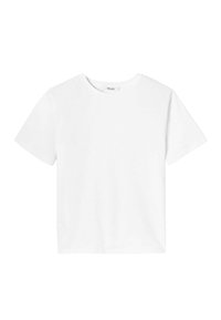 T-shirt en coton blanc à manches courtes et col rond. Texture lisse et design simple, idéal pour un look décontracté.
