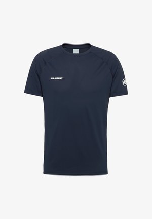 Marineblauw sportief T-shirt met korte mouwen en ronde hals, "Mammut"-logo op de borst en rond Mammut-logo op de linker mouw.