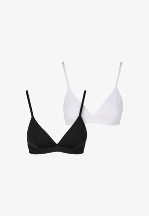 Du skirtingų spalvų trikampiai braletai juodos ir baltos, pagaminti iš minkštos medžiagos, su reguliuojamomis petnešomis, turintys be siūlių dizainą ir be kauliukų.