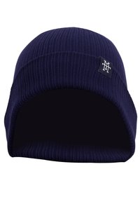 Navy blue knitted beanie hat with a ribbed texture and folded cuff, featuring a small square logo patch on the front.