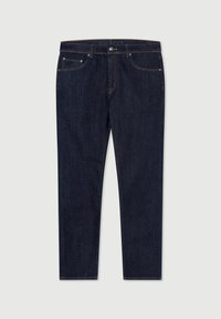 Granatowe dżinsy o slim fit, z zapięciem na guzik i zamek błyskawiczny, pięć kieszeni, oraz subtelne pomarańczowe akcenty w szwie.