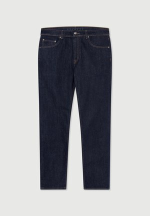 Tmavě modré džíny s úzkým střihem, vybavené zapínáním na knoflík a zip, designem se pěti kapsami a jemnými oranžovými švy.