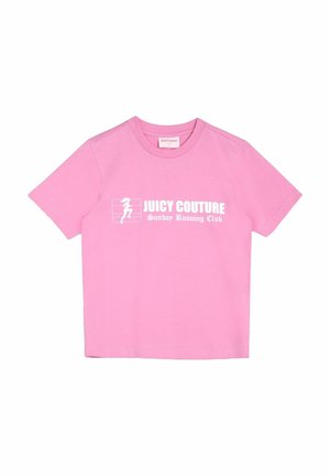 Ružičasta pamučna majica kratkih rukava s bijelim grafičkim otiskom koji glasi "JUICY COUTURE" i "Sunday Running Club."