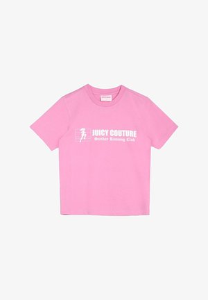 Ružová bavlnená tričko s krátkymi rukávmi, ktoré má biely grafický potlač s nápisom "JUICY COUTURE" a "Sunday Running Club."