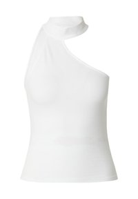 Witte, geribbelde, mouwloze top met een hoge halslijn en asymmetrisch ontwerp. Heeft een uitsnede aan de ene kant en een aansluitende silhoutte.