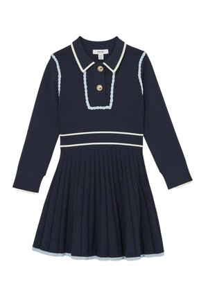 Marineblaue Langarmkleid mit hellblauen Akzenten, Kragen und zwei vorderen Knöpfen. Verfügt über einen plissierten Rock mit weißen Besatzdetails.