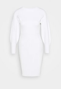 Abito bianco aderente con maniche lunghe e strutturate. Presenta un logo in rilievo sulla manica e un corpo testurizzato per un aspetto elegante e moderno.