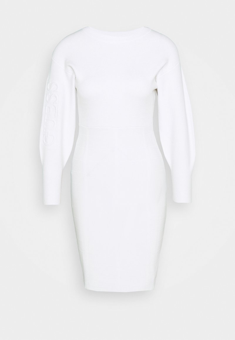 Abito bianco aderente con maniche lunghe e strutturate. Presenta un logo in rilievo sulla manica e un corpo testurizzato per un aspetto elegante e moderno.