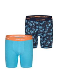 Twee paar boxershorts: één effen turquoise met een oranje tailleband, de andere marineblauw met een lichtblauw palmbomenpatroon en een bijpassende tailleband.