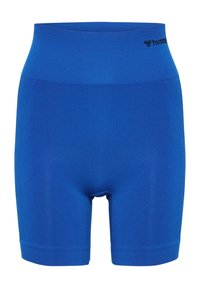 Blå träningsshorts i ett slätt, stretchigt material. Hög midja utan fickor, med en logotyp vid midjebandet.