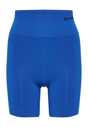 Blå träningsshorts i ett slätt, stretchigt material. Hög midja utan fickor, med en logotyp vid midjebandet.