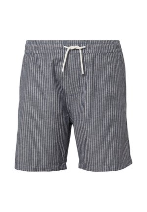 Grijs gestreepte shorts van lichtgewicht stof, met een elastische tailleband en een witte trekkoord, en zijzakken.