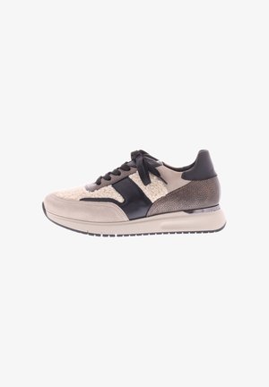 Sneakers with a beige suede and black leather upper, featuring a textured brown accent, rounded toe, and black laces. Sole offers cushioning.