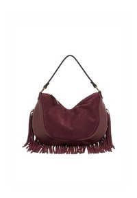 Borsa a tracolla bordeaux realizzata in una combinazione di suede e pelle testurizzata. Forma curva con frange lungo i lati e una tracolla.