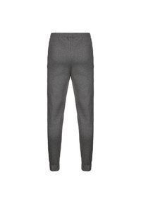 Pantalones de chándal grises en una tela suave y texturizada. Cuentan con una cintura con cordón y puños elásticos en los tobillos. Diseño sencillo y ajustado.