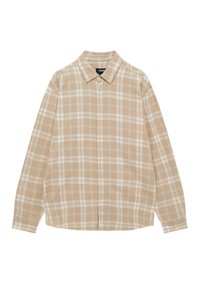 Camisa de cuadros beige y blanca de manga larga con botones y cuello, extendida sobre un fondo blanco.