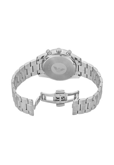 Silver stainless steel watch with a multi-link bracelet, chronograph face, and polished accents. Features a round case and a clasp closure.