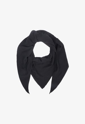Schwarzer, strukturierter Schal in dreieckiger Form, aus einem weichen, leichten Stoff mit einem zerknitterten Muster.