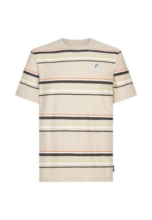 T-shirt beige a maniche corte con righe orizzontali nere, verdi e arancioni. Presenta un'etichetta rotonda sul petto sinistro. Materiale in cotone.