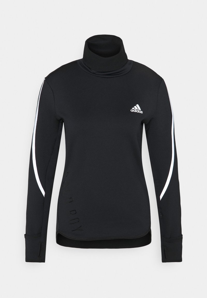 Haut à col roulé à manches longues noir Adidas avec des bandes courbes blanches sur les manches et le logo Adidas sur le côté gauche de la poitrine.