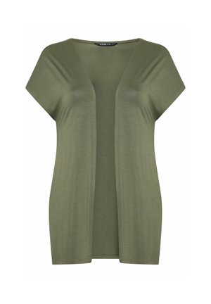 Mouwloze olijfgroene open-front cardigan met een ontspannen pasvorm en breed schouderontwerp.