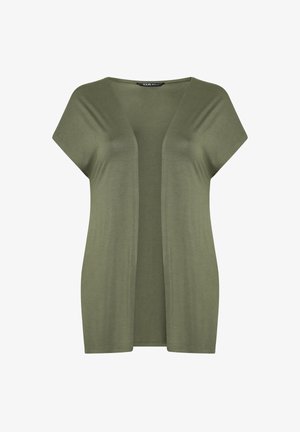 Cardigan verde oliva senza maniche con apertura frontale, vestibilità comoda e design delle spalle ampio.