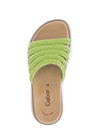 Green slide sandal with four textured straps, cushioned insole, and a light brown sole. Features brand name "Gabor" on the footbed.