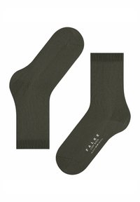Coppia di calzini crew in lana verde scuro, uno mostra la suola con il testo bianco "FALKE COSY WOOL" e i dettagli della taglia.