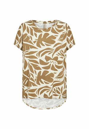 Lühikeste varrukatega T-särk beeži troopiliste lehtede mustriga valgel taustal ja ümardatud äärega.