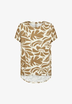 Kurzärmeliges T-Shirt mit beigem tropischem Blattmuster auf weißem Hintergrund und abgerundetem Saum.