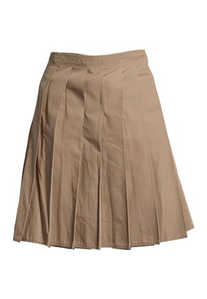 Jupe plissée beige avec une ceinture, tombant au-dessus du genou, en tissu lisse avec des surpiqûres visibles le long des plis.